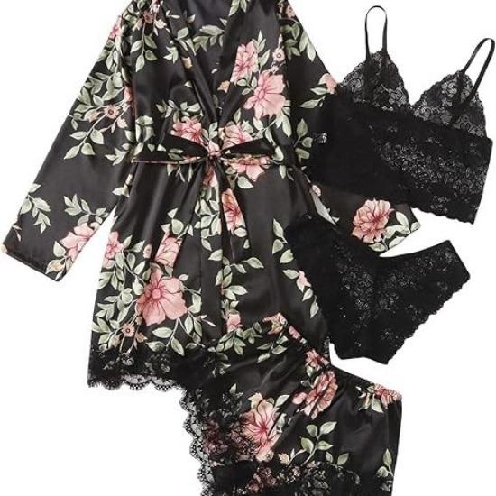 GMXIA Ladies' Pajama Four-piece Set, Lingerie, Large-sized Home Wear, Lace Pajama Sets