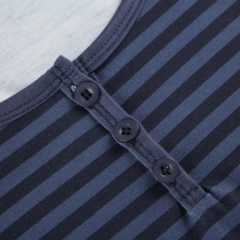 Striped Scoop Neck Slim-fitting T-shirt Women Casual Long Sleeves Button Crop Pullover Sexy Versatile Bottoming Top