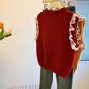 Women's Retro Korean-Style Lace Lazy Paneled Knitted Vest Round Neck Loose Sleeveless Vest Top Sweater for Autumn and Winter