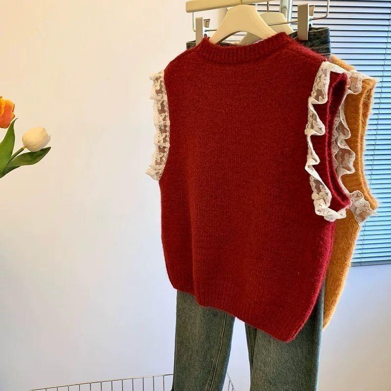 Dámská retro krajková pletená vesta v korejském stylu, líná panelová, s kulatým výstřihem, volná bez rukávů, top, svetr na podzim a zimu