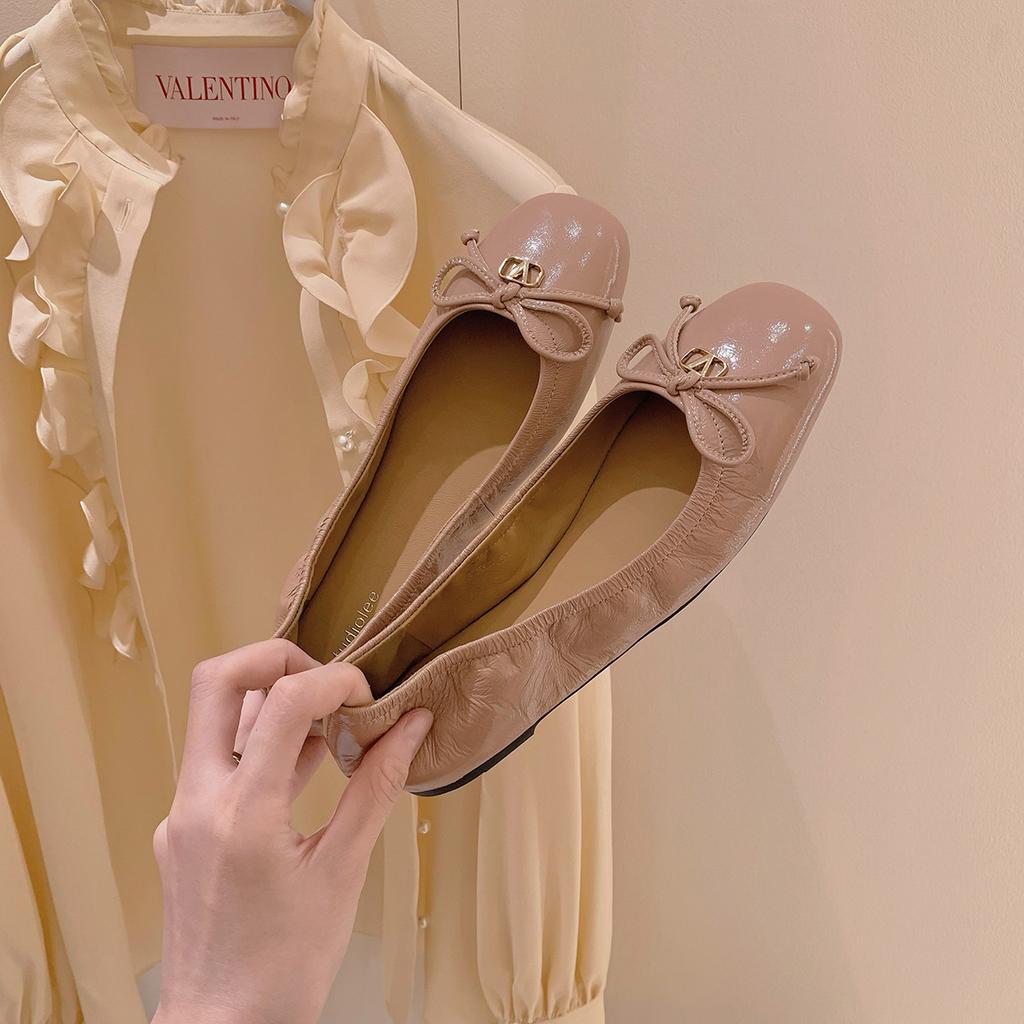 Genuine leather~ grape mother super soft sheepskin ballet flats women's round head shallow mouth commuting gold buckle bow single shoes