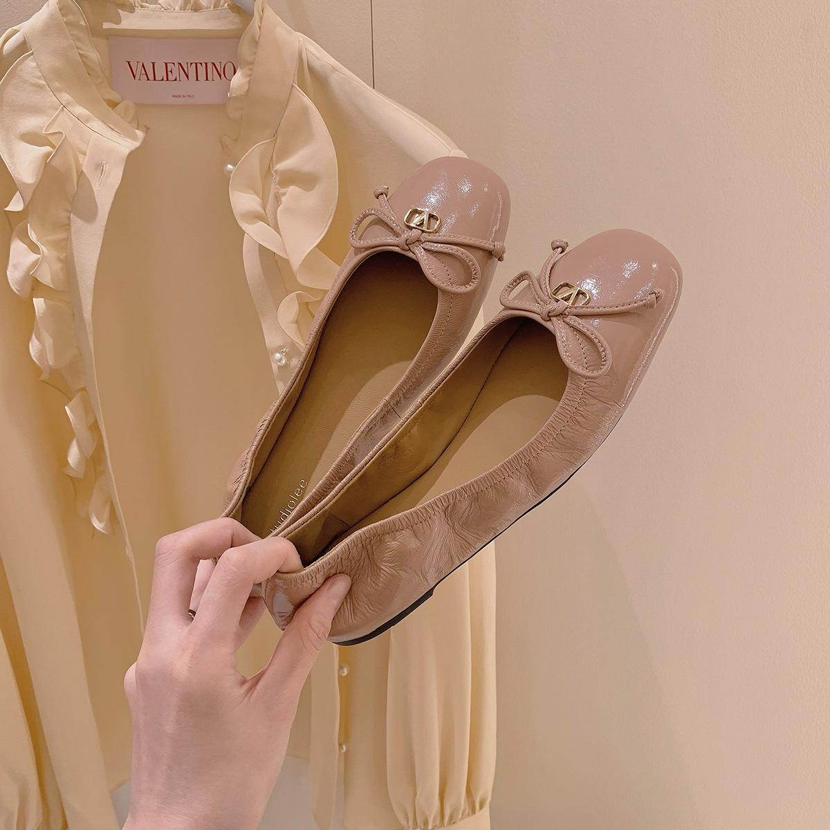 

Leather version super soft sheepskin square round head shallow mouth versatile bow single shoes women s flat shoes 35