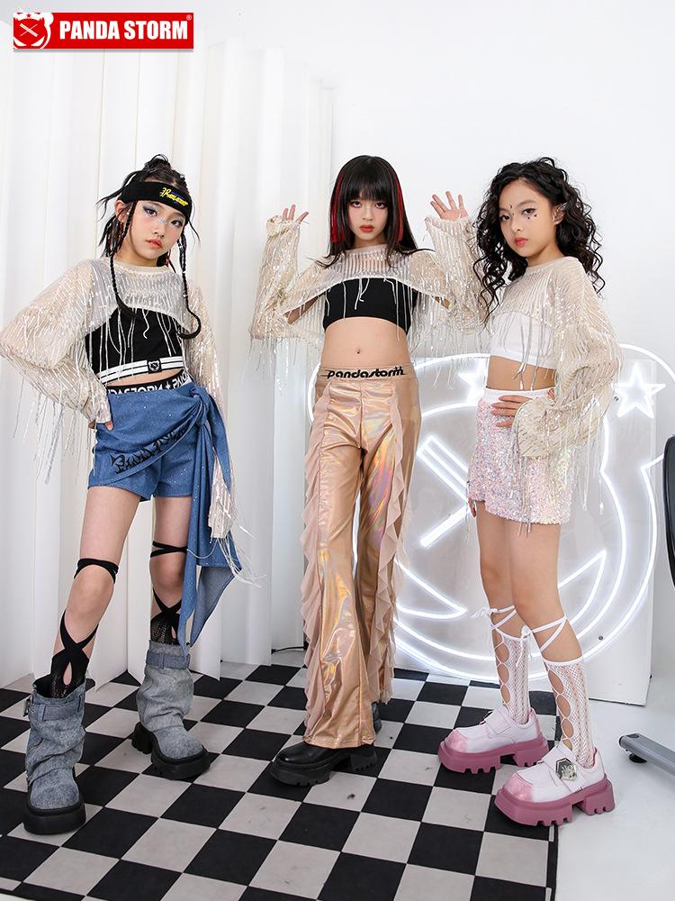 Girls' Sequin Tassel Jazz Dance Outfit - Mesh Long Sleeve & Pants Set for Street & Performance