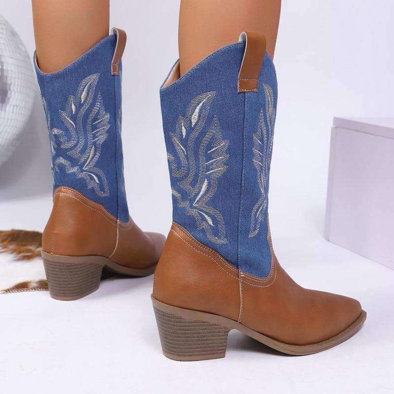 Autumn Embroidered Western Cowboy Boots Knight Boots Vintage Chelsea Martin Style Stripes