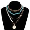 Boho Layered Turquoise Necklace Pearl Beaded Paperclip Metal Chain Necklace Circle Choker Necklace Jewelry for Women Girls