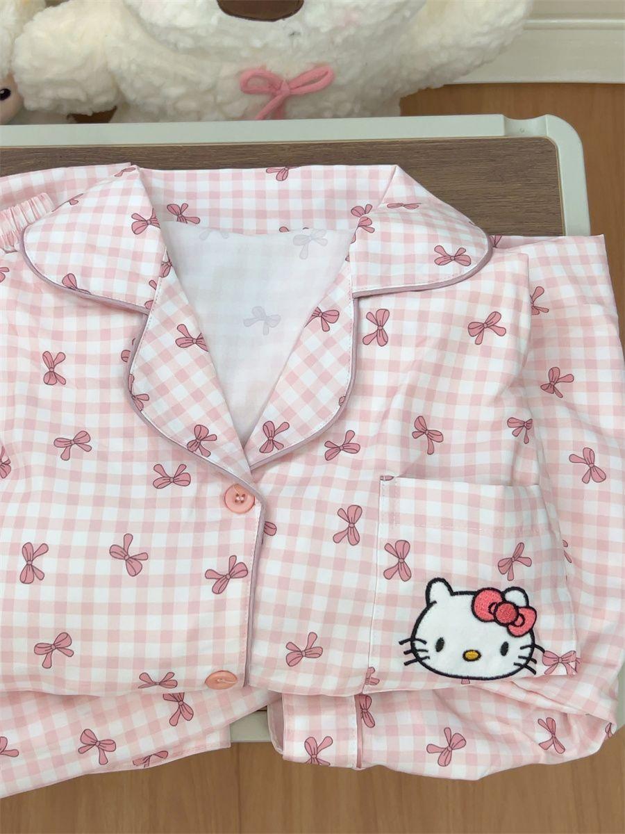 

Pink plaid bow pajamas women s summer short-sleeved shorts cardigan two-piece set soft cute princess style loungewear S