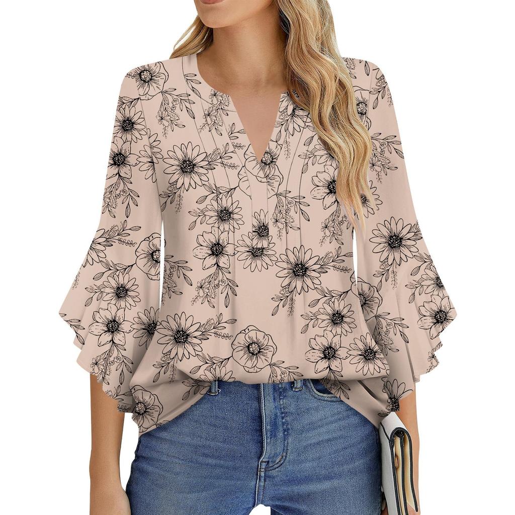 Dámská móda Ležérní plisované tričko s výstřihem do V, jednobarevné, tříčtvrteční rukáv, elegantní top