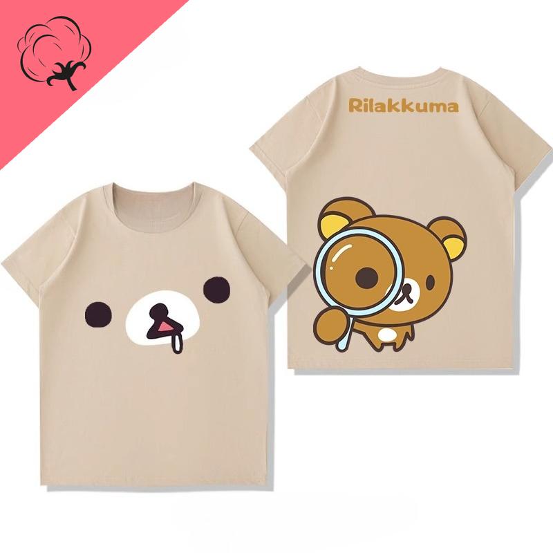 Anime Shirt Rilakkuma Cartoon Cotton Crewneck Casual Kawaii Unique Printed Tee Boy Girl Cute Style Camisa Y2k Clothes Women Tops