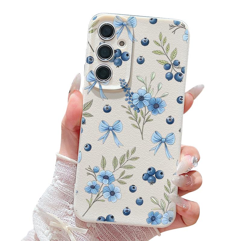 Blaubeer-Schleifen Blumiges Case Für Samsung S26 S25 S24 Ultra S23 S22 S21 FE A15 A16 A17 A26 A35 A36 A37 A54 A55 A56 A57 5G Lederstruktur Abdeckung