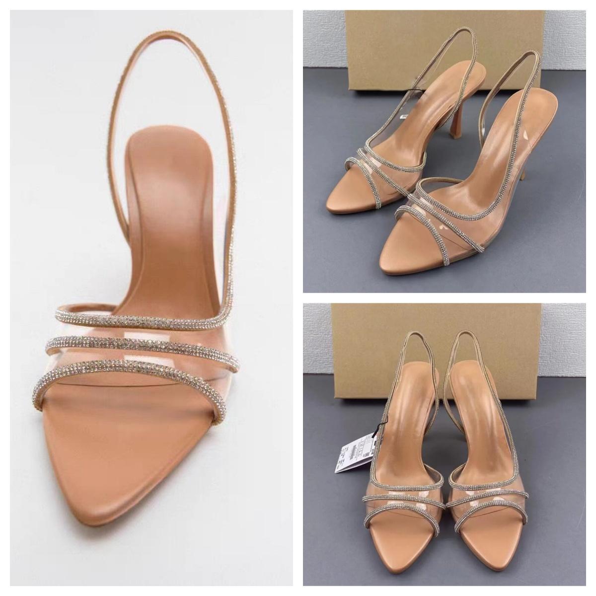 

TRAF Women Chic Rhinestones Heeled Shoe Transparent Pointed Toe Peep Toe High Heels Sandals Summer Female Party Slingback Sandal 36