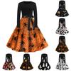 Women's Fashion Round Neck Casual Slim Fit Halloween Printed Swing Long Sleeve Dress