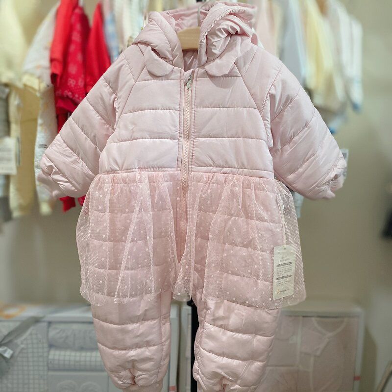 Tongtai Thickened Cotton Jumpsuit for Boys and Girls, Winter Outdoor Cotton Romper, One-Piece Clothing Hem Lace Pink 80