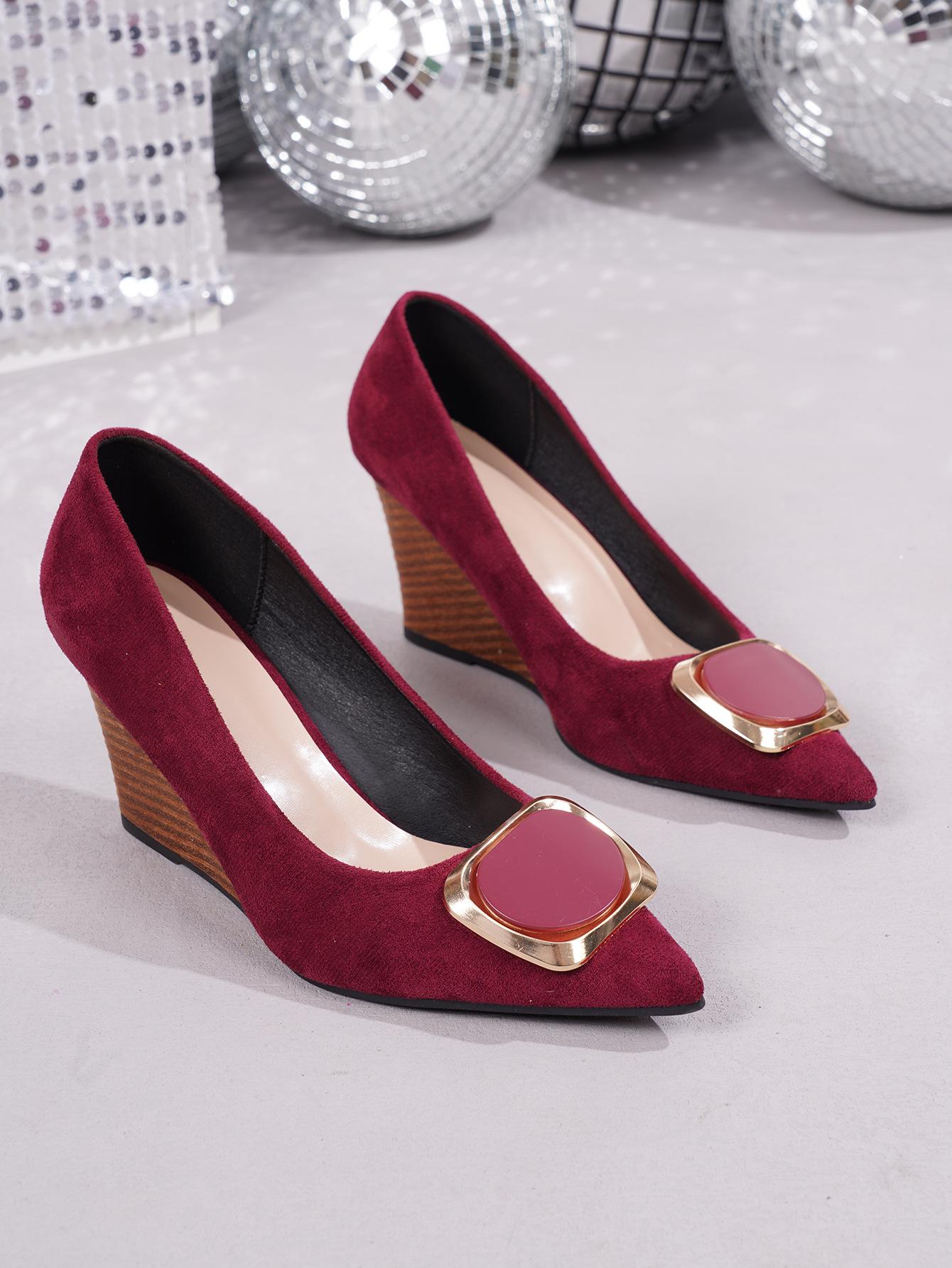 Women s Spring Suede Low Heel Wedge Shoes with French Pointed Toe and Metal Buckle