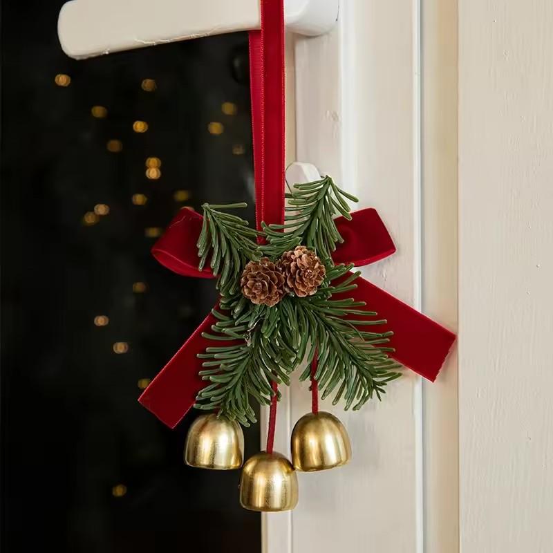 Christmas Gold Jingle Bell with Velvet Bow and Pine Cones Xmas Tree Hanging Pendant Christmas Home Door Decoration New Year Gift