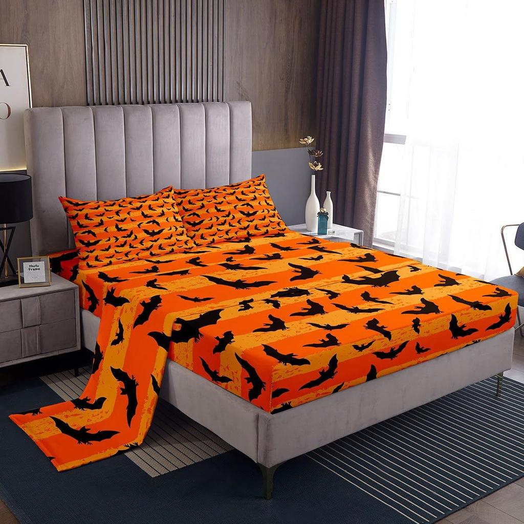 Halloween Bat Pattern Bed Hat Four-Piece Bedding Set Bedroom Dormitory Bedding Decoration