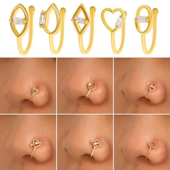 5 Pcs Nose Ring Hoops for Women Geometry Heart Rhinestone U Shaped Nose Hoops Gold Plated Faux Nose Piercing Jewelry