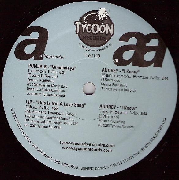 

12inch Record LIP PUNJA B AUDREY Windadaya This Is Not A Love Song TY2129 Tycoon Records 2003 Canada Dance Electronica Used