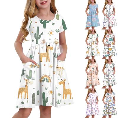 Children's Skirt Round Neck Short Sleeve Princess Dress Fashion Casual Pocket Dress For Girls