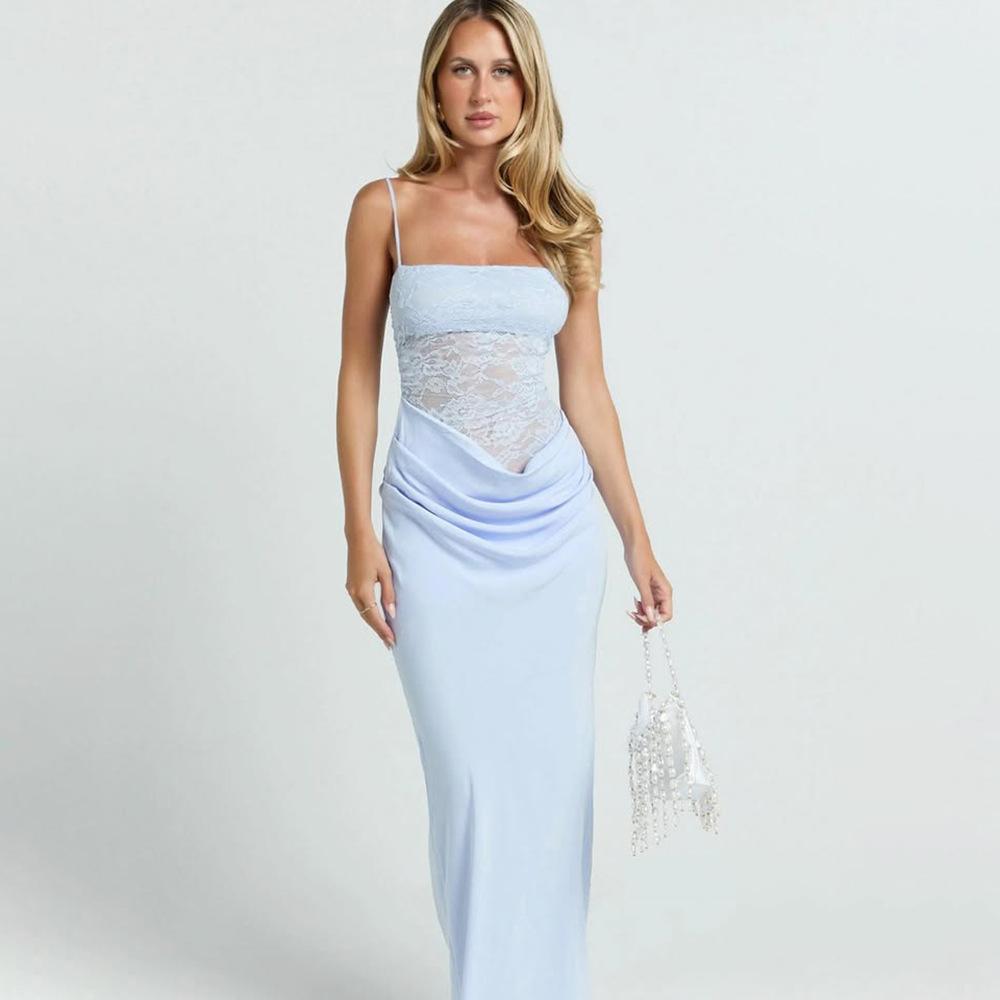 Sexy Temperament Tube Top Lace Splicing Dress Long Dress Fashion Street Shot Slim Suspender Halter Dress S светло-синий