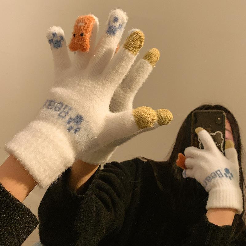 Touch Screen Christmas Red Split Finger Gloves for Female Winter Student Cute Korean Style Thick Plush Riding Warm Winter Trend