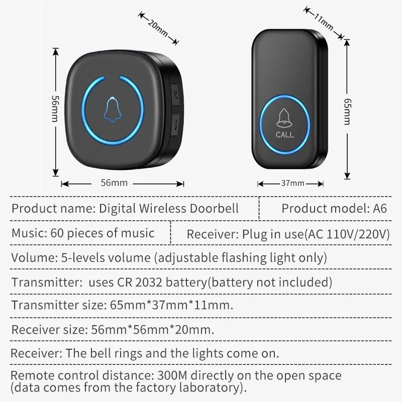 Campainha Sem Fio Inteligente de Boas-Vindas 300M/984 Pés Remoto 60 Melodias Campainha Inteligente para Casa Plugue US UE Opcional