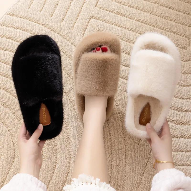 Fur Slippers Women Platform Autumn Winter Cozy Open Toe Breathable Living Room Shoes