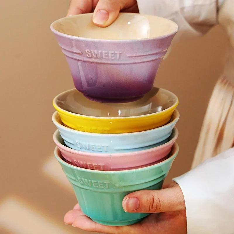 Japanese Ceramic Bowl Rainbow Gradient Color Rice Bowl Fruit Salad Snack Ramen Bowls Kitchen Dessert Salad Steamed Egg Bowls