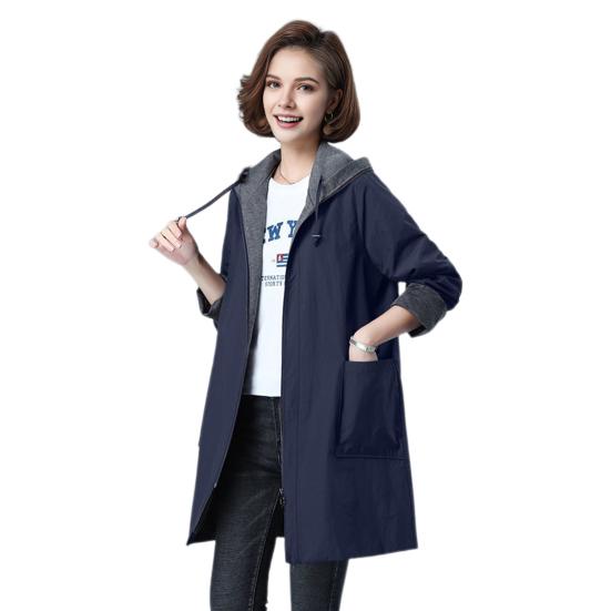 Spring Fall Women Jacket Hooded Long Sleeves Drawstring Plus Size Pockets Zipper Closure Windbreaker Mid Length Solid Color Big Pockets Windproof Warm