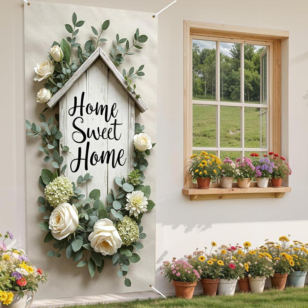 Home Sweet Home Door Cover Housewarming Party Decorations Door Banner Welcome Home Floral Backdrop Decor Greenery Leaves New Home Party Photography