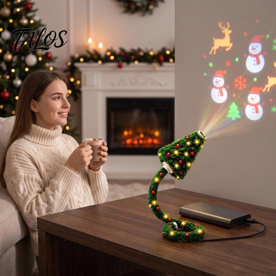 USB Powered Light Christmas Tree Projection Light, Plug-and-Play LED Projector with 6 Festive Holiday Party Decor Scenes, Flexible Gooseneck Lamp for