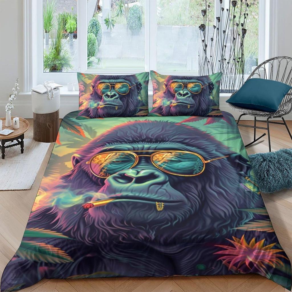 3D Gorilla Bettbezug Kopfhörer Gorilla Bettwäscheset Wildtiermuster Bettdeckenbezug Aquarell Blau Polyester Steppdeckenbezug