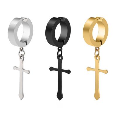Pendientes de Clip Falsos con Colgante de Cruces para Hombres y Mujeres, Pendientes de Clip de Acero Inoxidable