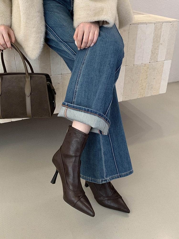 High Heel Short Boots Women s Retro Brown Fleece Skinny Boots Versatile Pointed Thin Heel Short Boots 35