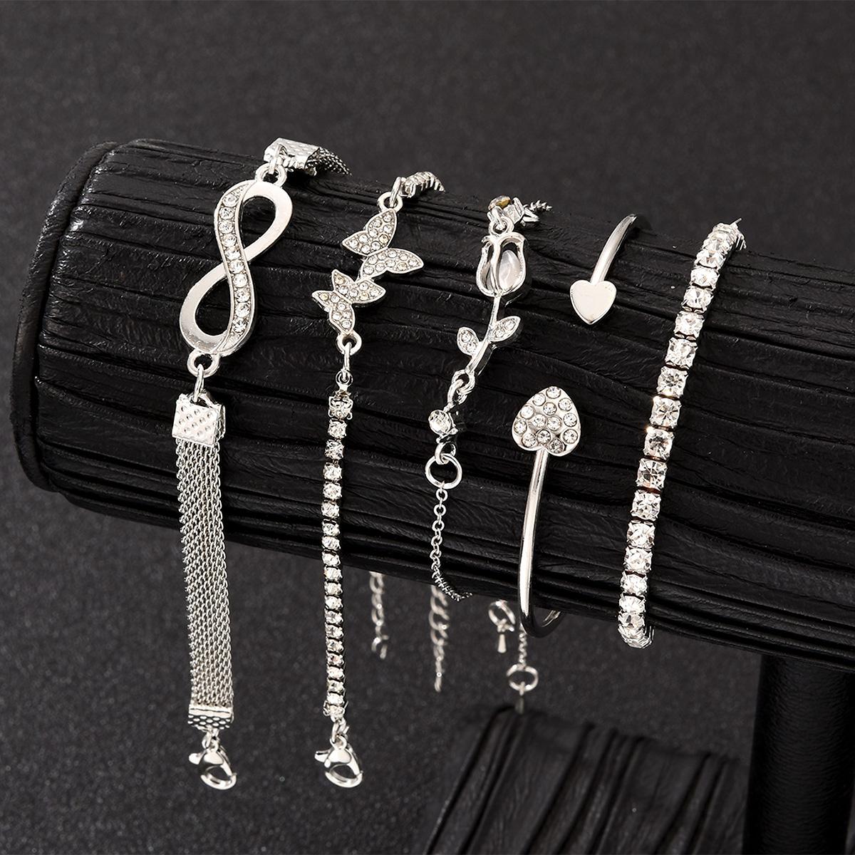 

5Pcs Vintage Elegant Heart Butterfly Bracelets For Women Silver Color Rose Infinity Crystal Bracelets Sets Fashion Jewelry Gift