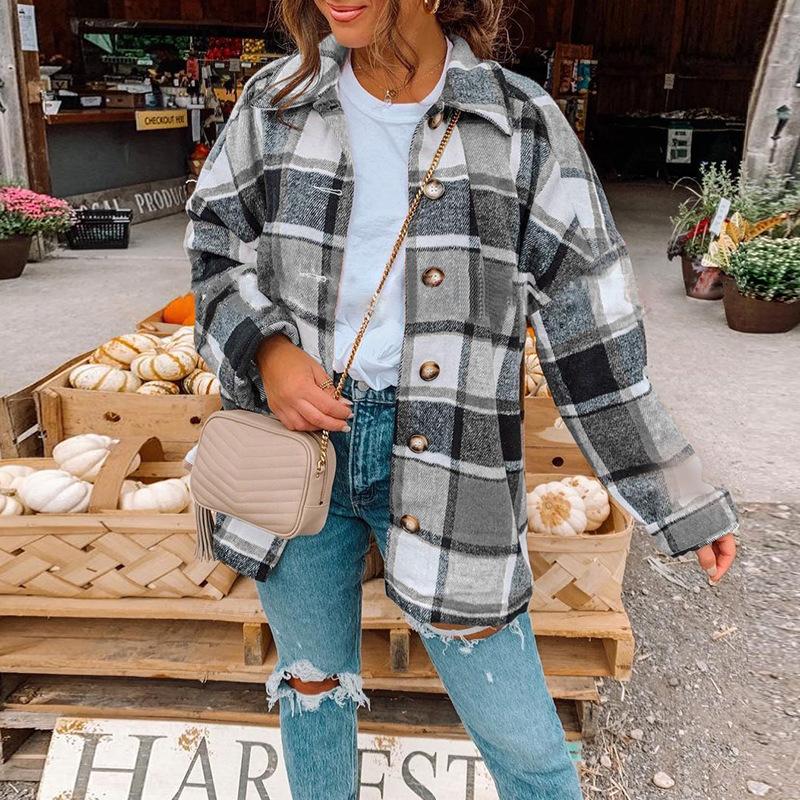 Autumn Winter Women Plaid Shirt Coat Stylish Plaid Print Shirt Coat for Women Lapel Blouse Jacket with Long Sleeves Fashion Warm Jackets