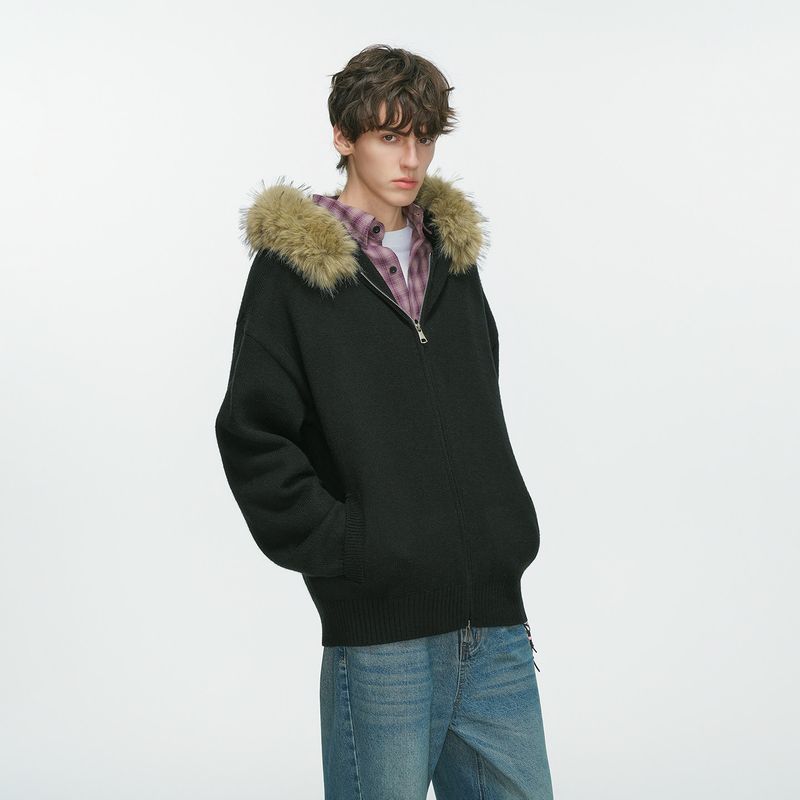 Dream Made American Style Detachable Fur Collar Hooded Cardigan Sweater Jacket Men's Autumn and Winter Couple Knitwear