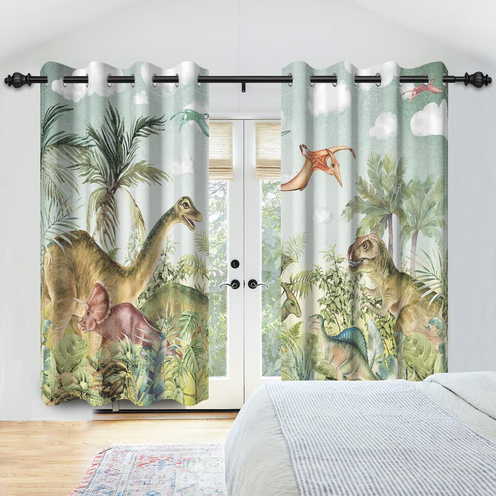 2pc/set Forest Dinosaur Blackout Curtains Colorful Cartoon Wildlife Animal Kids Room Polyester Curtains Balcony Bedroom Curtains