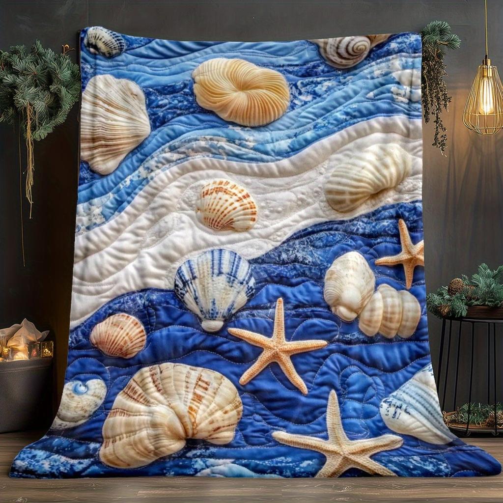 1 Stück Muschel Seestern Meereswellen gesteppte Flanelldecke Küsten Deko weiche Bettdecke Strand Thema Geschenk für Kinder Erwachsene