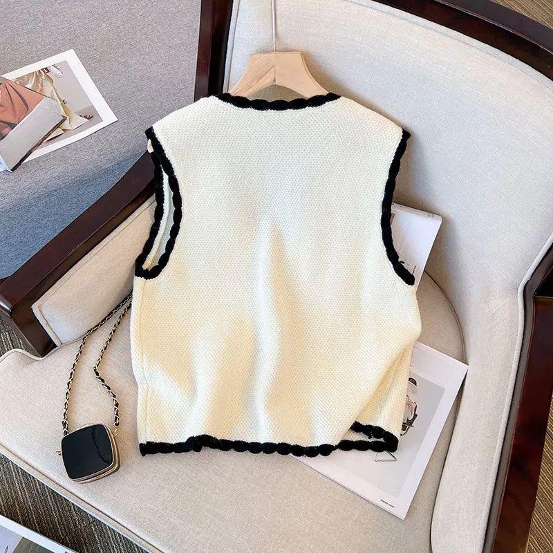Autumn Women's V-neck Single-breasted Knitted Vest Contrast Slim Cardigan Vest