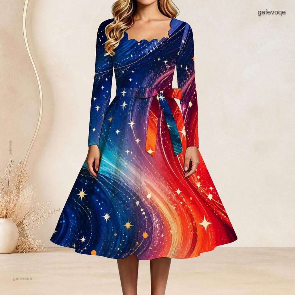 Plus Size Women Square Neck Long Sleeve Dress With Belt Dark Cosmic Galaxy Planet Golden Brush Print Swing Dress