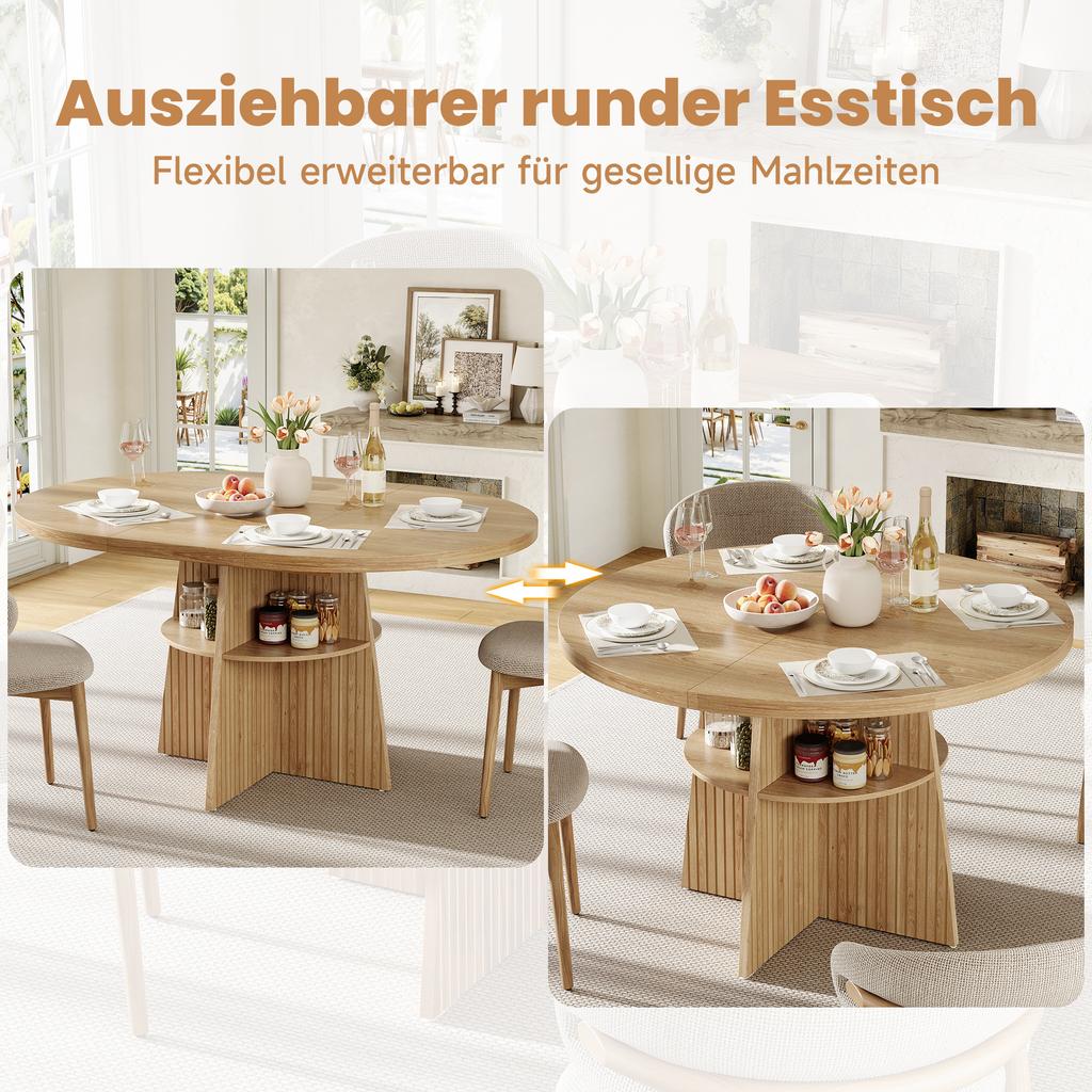 Tavolo da Pranzo Rotondo Estensibile 110-150x110x77,5 cm, Tavolo da Cucina per 2-8 Persone, Salvaspazio con Ripiano Integrato, Tavolo Moderno in Legno dall'Aspetto Naturale