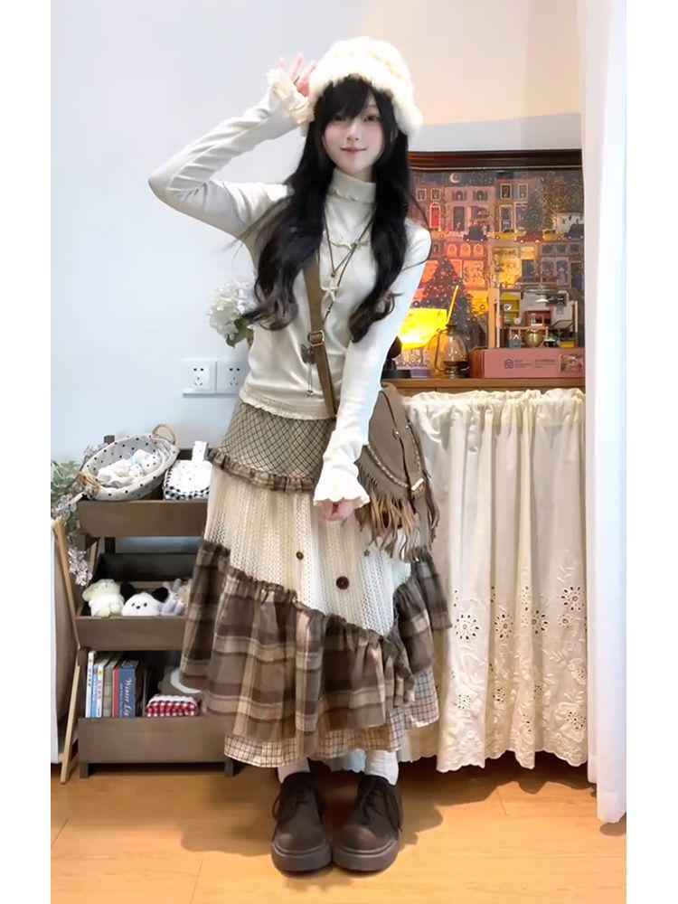 Vintage Forest-Inspired Plaid A-Line Skirt with Artistic Irregular Layers for Women - Autumn/Winter