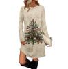 Dámské módní ležérní šaty s kapsami, ozdobnými knoflíky, vánočními potisky, kulatým výstřihem a dlouhým rukávem