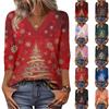 Women's Loose Comfortable Casual Fashion V-Neck Christmas Print 3/4 Sleeve Top