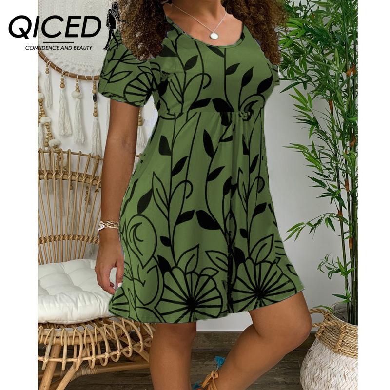 

QICED Женское платье-туника из полиэстера с высокой талией и цветочным принтом XXXXL зелёный