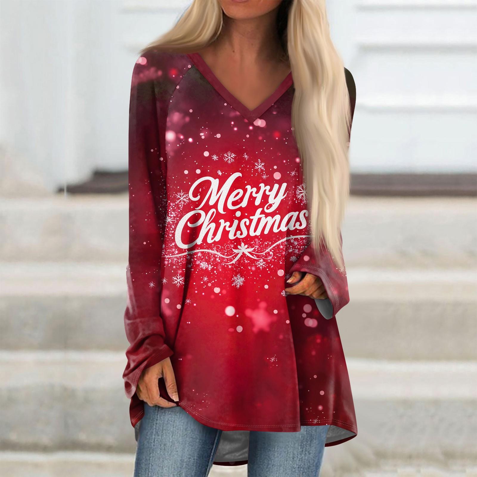 

Жіноча модна повсякденна футболка з принтом і довгим рукавом, V-подібним вирізом середньої довжини S червоний