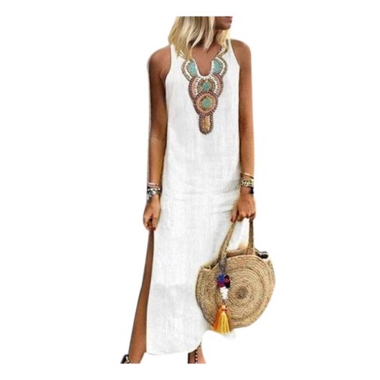 

Летнее женское свободное платье-кафтан с принтом пейсли и V-образным вырезом без рукавов, разделенное макси-льняное платье S белый