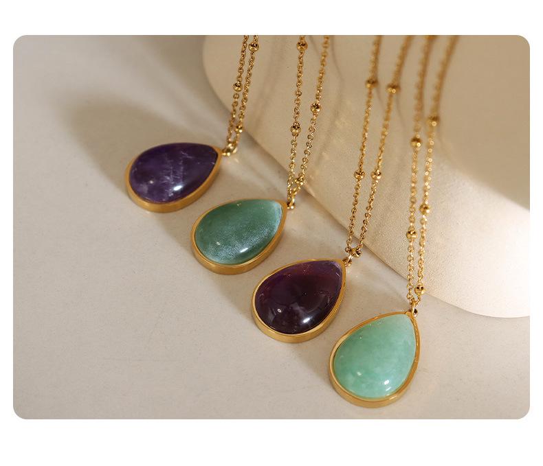 Korean Style Teardrop Oval Pendant Necklace, Natural Raw Stone, Clavicle Chain, Gold-Plated Titanium Steel
