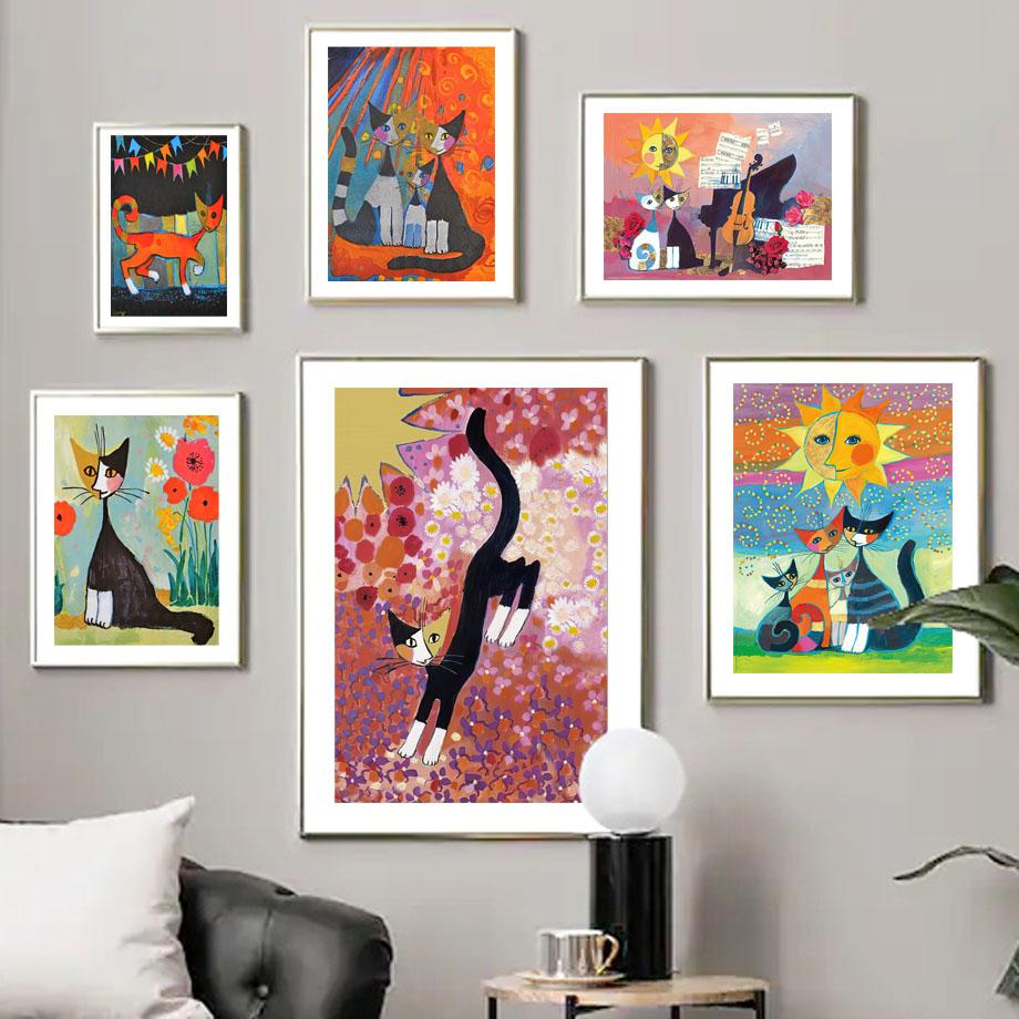 The Garden of Cats Wall Art Mural Abstract Canvas Painting Vintage Nordic Posters And Prints Wall Pictures For Living Room Decor