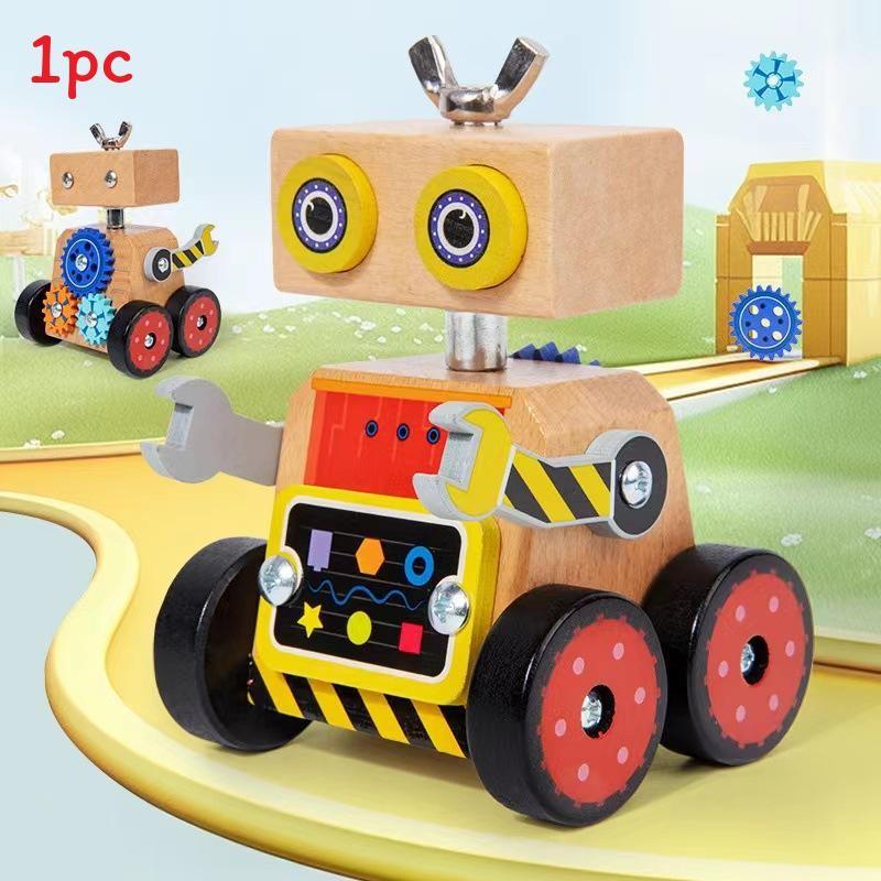 Wooden Ball Puzzle And Small Car Assembly Robot Toy For Kids With Color Matching And Diy Playtime